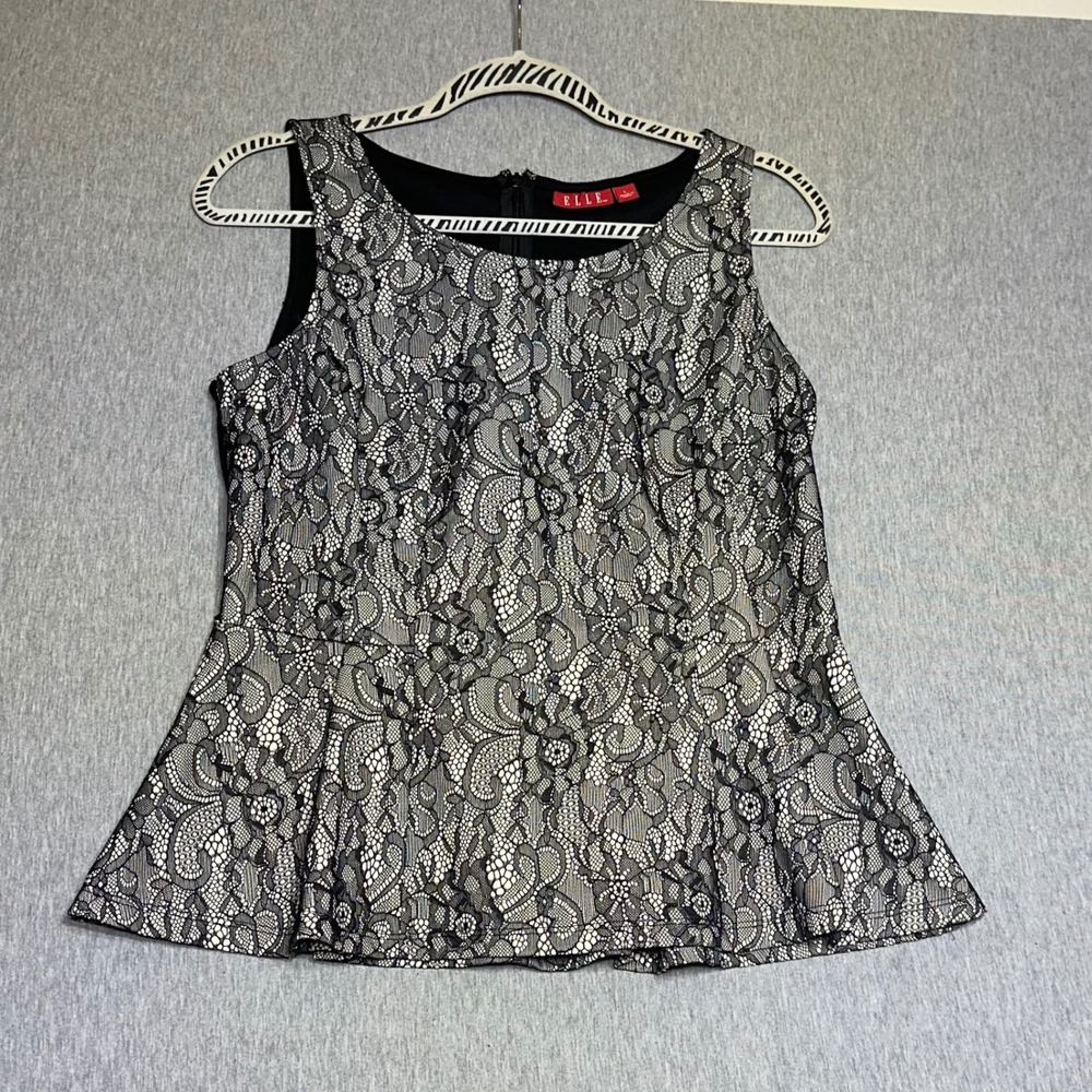 Elle Women Black Lace Peplum Top Sleeveless Round Neck Zipper Back Size L